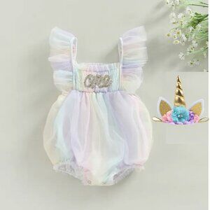 Pastel Rainbow Tulle Unicorn Romper Clothes Outfit First Birthday Clothes